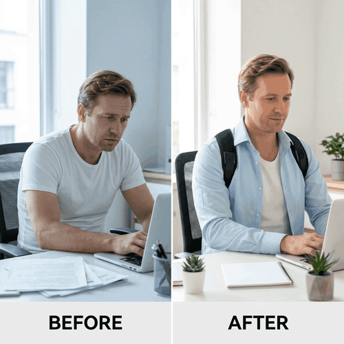Coreniva Posture Corrector — black neoprene mesh, padded shoulder panel, adjustable buckle