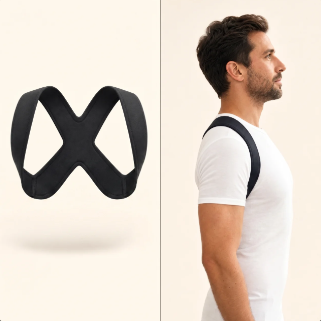 Coreniva Posture Corrector — black neoprene mesh, padded shoulder panel, adjustable buckle