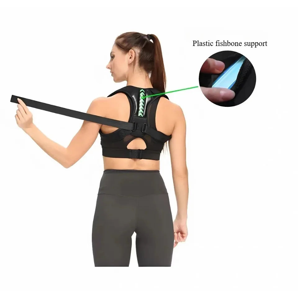 Coreniva Posture Corrector – Diagram showing rigid plastic spinal support plates in back brace, worn by woman on white background