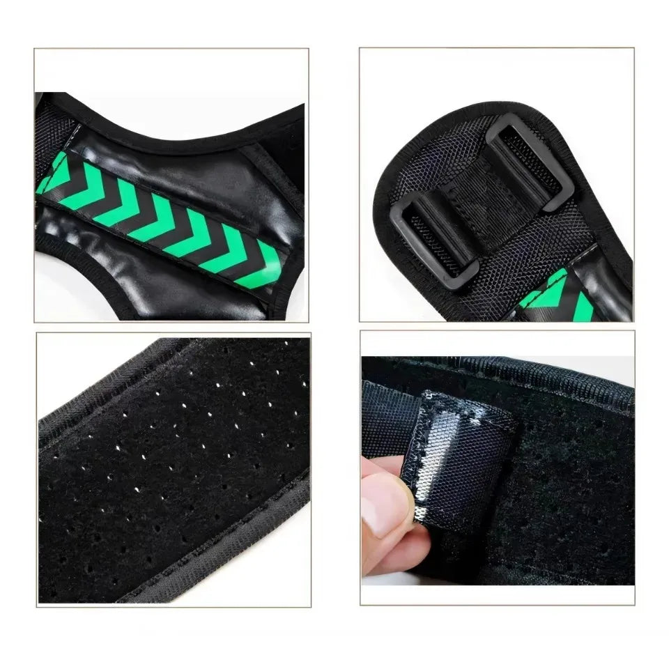 Coreniva Posture Corrector close-up — breathable black neoprene mesh, padded shoulder panel, and adjustable front buckle