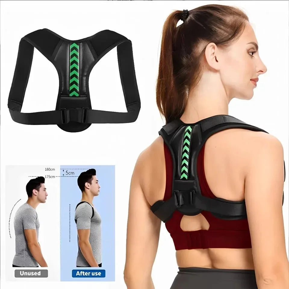 Woman wearing Coreniva Posture Corrector – Before and after posture improvement, back view showing breathable neoprene back brace