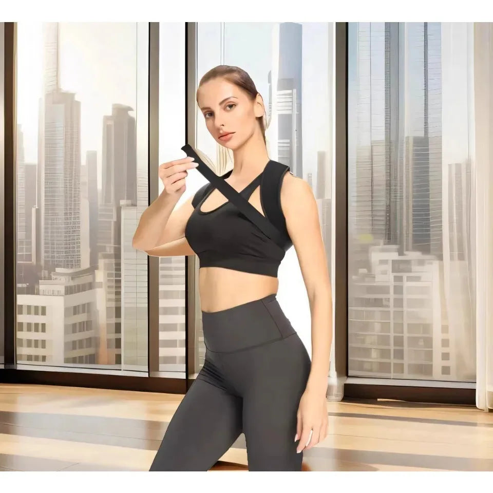 Woman putting on Coreniva Posture Corrector – Lifestyle photo showing easy figure-8 back brace application in modern city setting