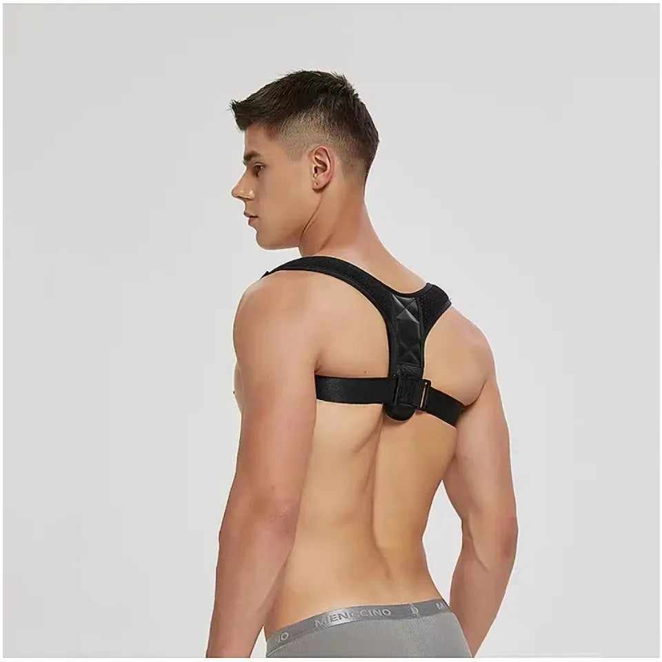 Man wearing Coreniva Posture Corrector – Back view showing X-shaped cross-back design and adjustable straps for men