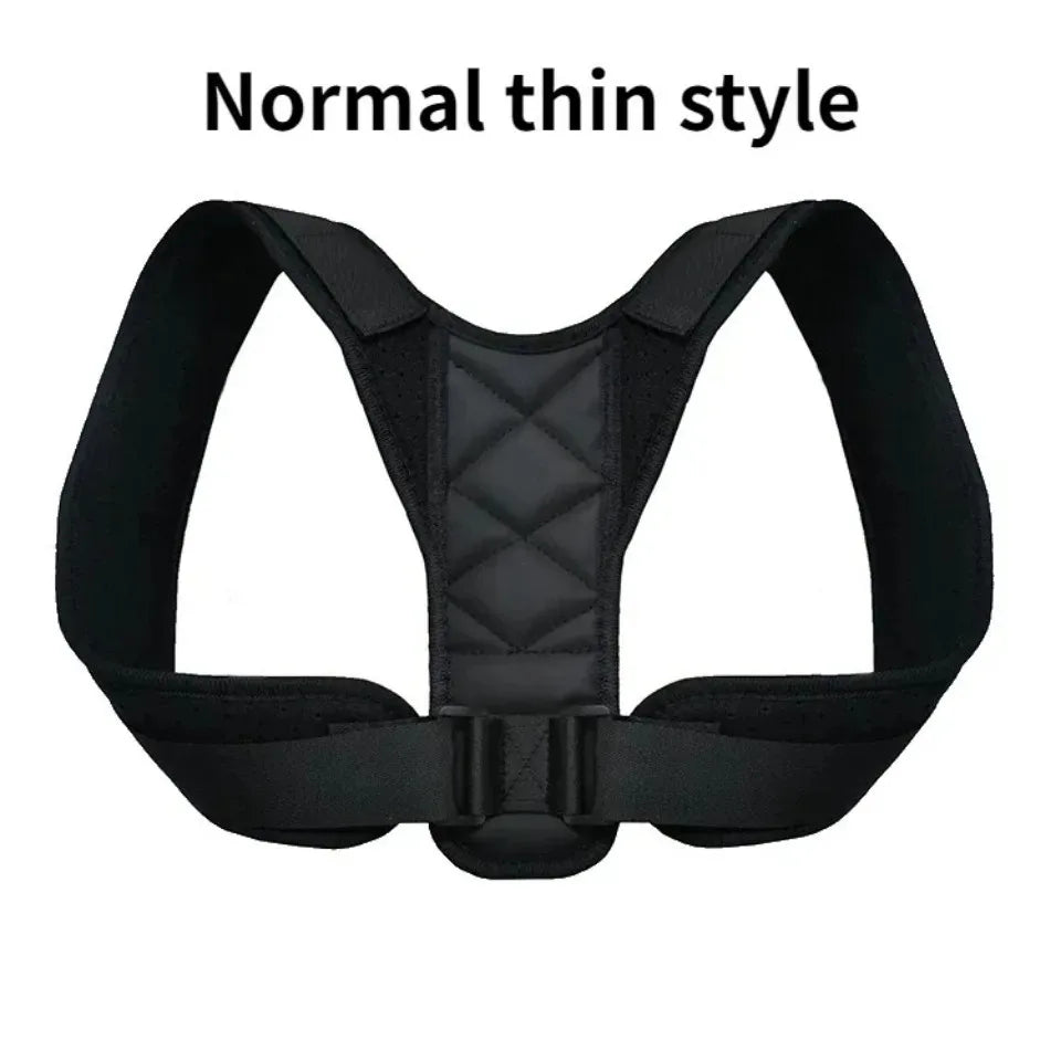 Coreniva Posture Corrector – Black Figure-8 Back Brace with Padded Straps and Front Buckle on White Background